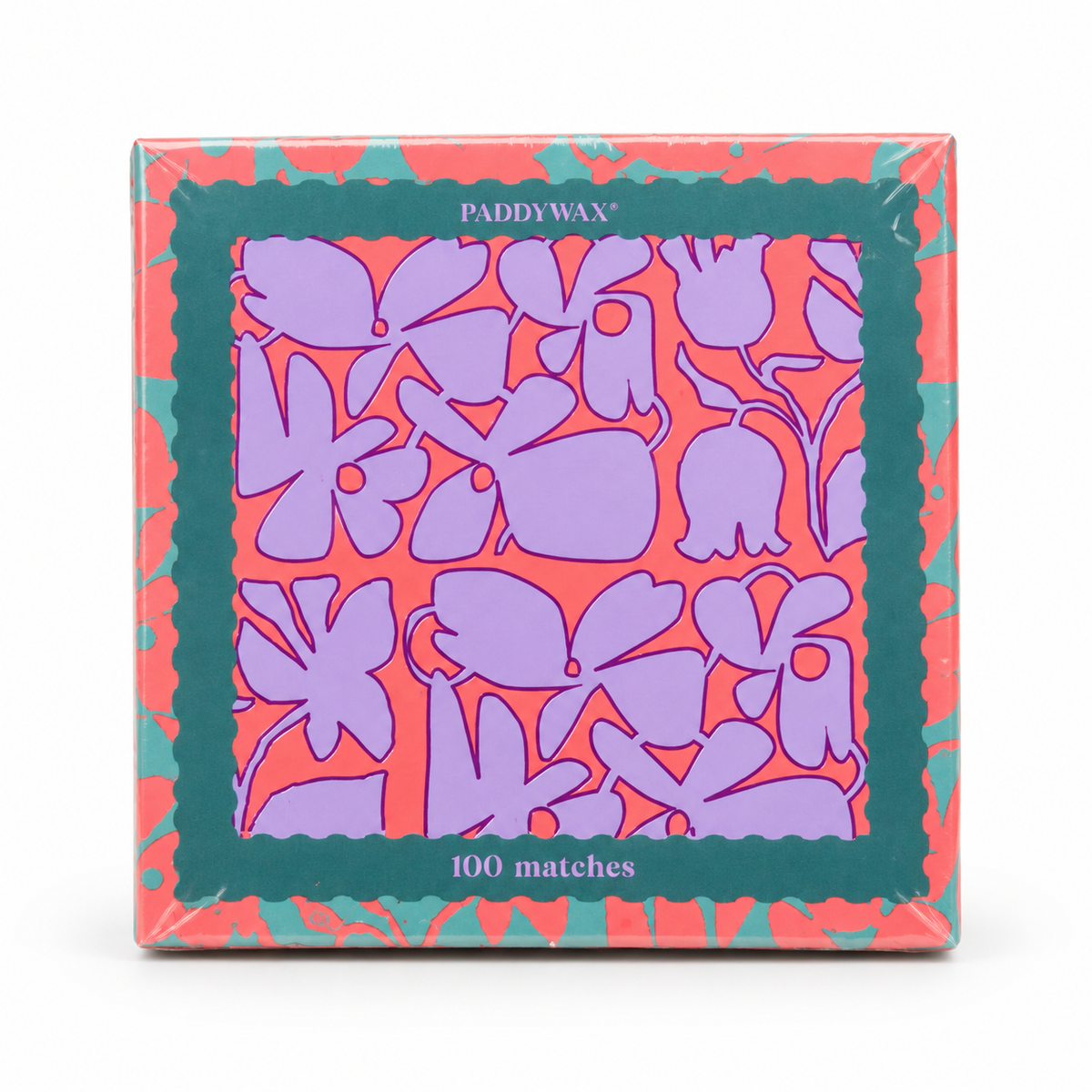Boîte de 100 allumettes Abstract Floral Paddywax, fleurs lilas, corail et vert, sur fond blanc