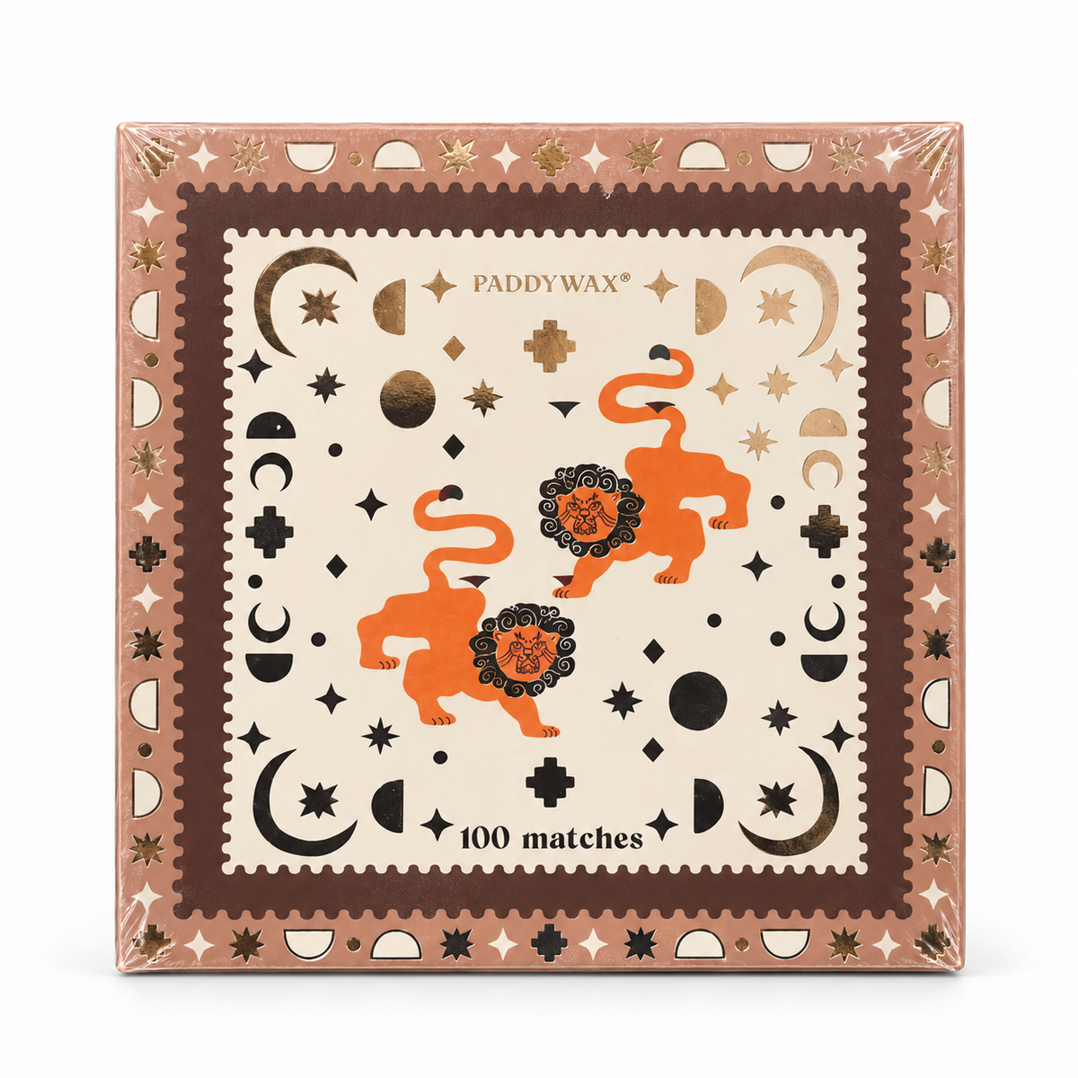 Boîte de 100 allumettes Paddywax Lions, deux lions orange et motifs célestes, sur fond blanc