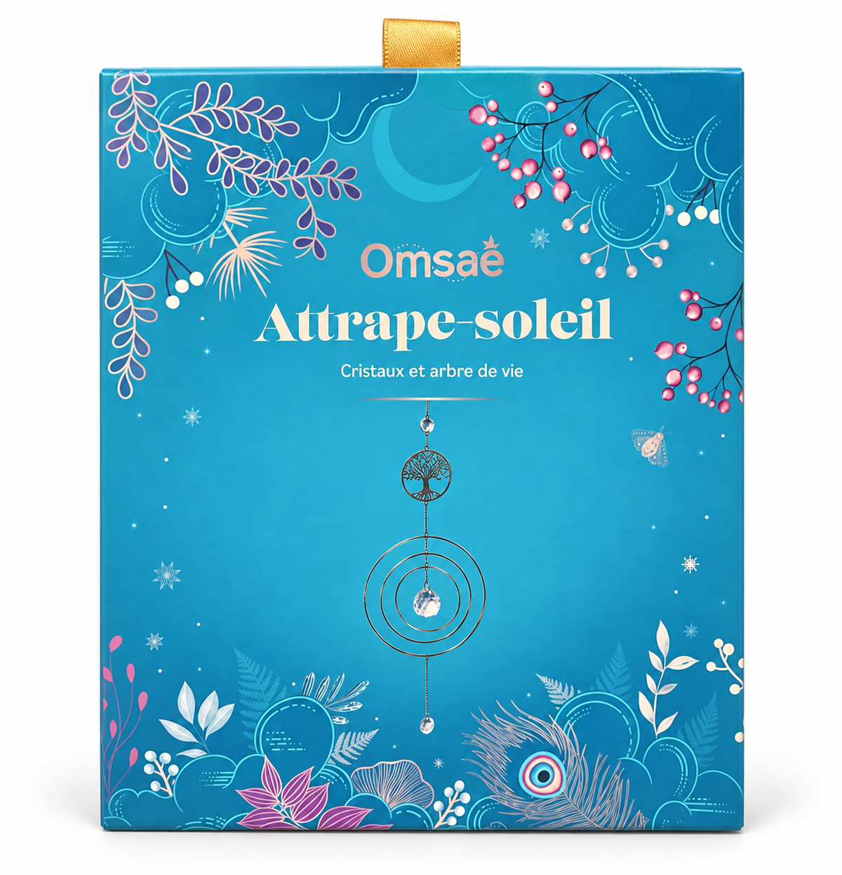 Boîte de l’attrape-soleil Cristaux et arbre de vie Omsaé, face avant sur fond blanc