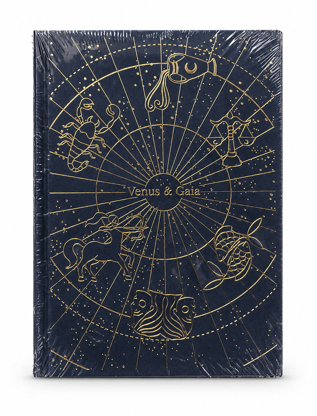 Recto du carnet Astral Venus & Gaia bleu nuit et doré, sans étiquette de prix sur fond blanc