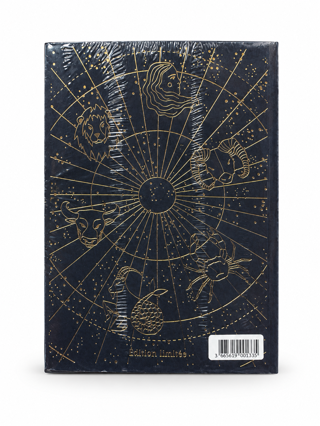 Verso du carnet Astral Venus & Gaia avec signes du zodiaque dorés, sur fond blanc