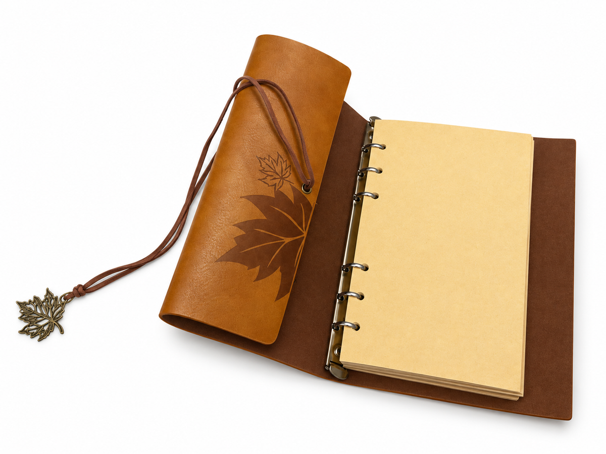 Carnet à feuilles d’érable ouvert, six anneaux et pages vierges sur fond blanc