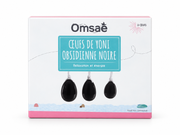 Coffret Omsaé de trois œufs de Yoni en obsidienne noire, recto