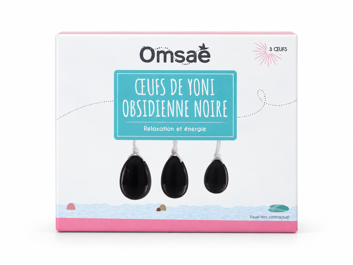 Coffret Omsaé de trois œufs de Yoni en obsidienne noire, recto