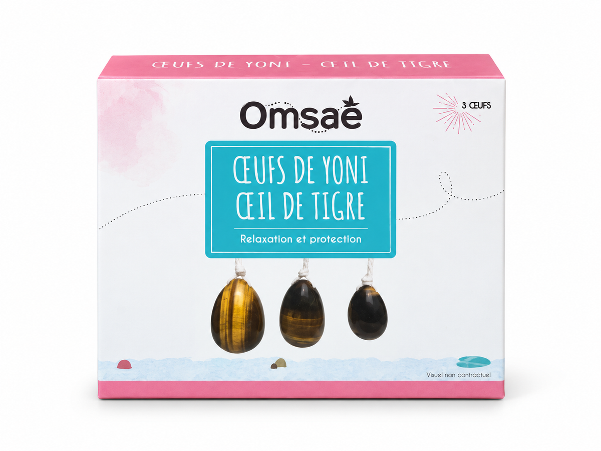 Coffret de trois œufs de Yoni en œil de tigre Omsaé, recto