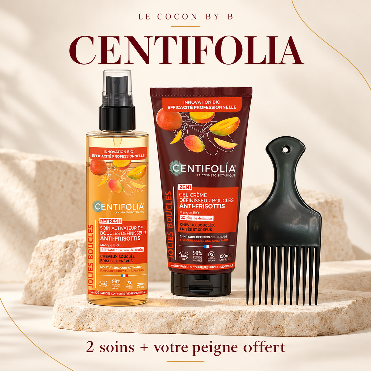 Kit coiffage Centifolia : soin activateur, gel-crème et peigne offert