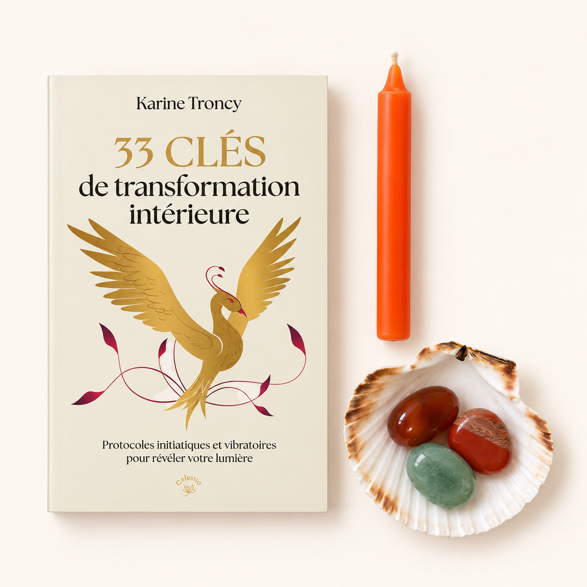 Oser le changement : 33 Clés de transformation intérieure — Karine Troncy, bougie orange, trois pierres et coquille Saint-Jacques