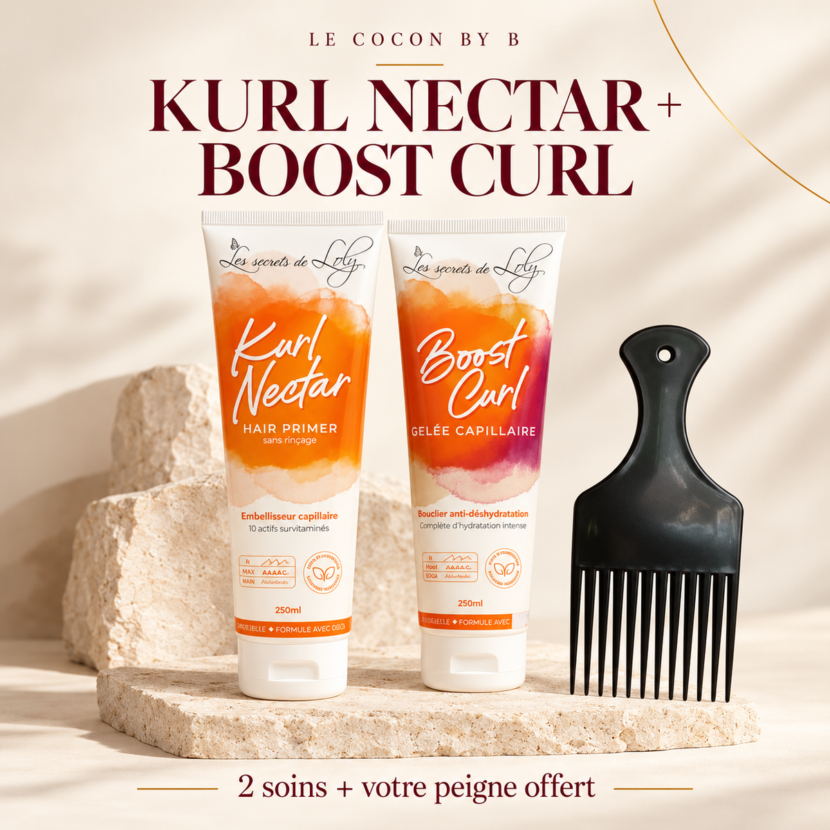 Kit Les Secrets de Loly : KURL Nectar, Boost Curl et peigne offert