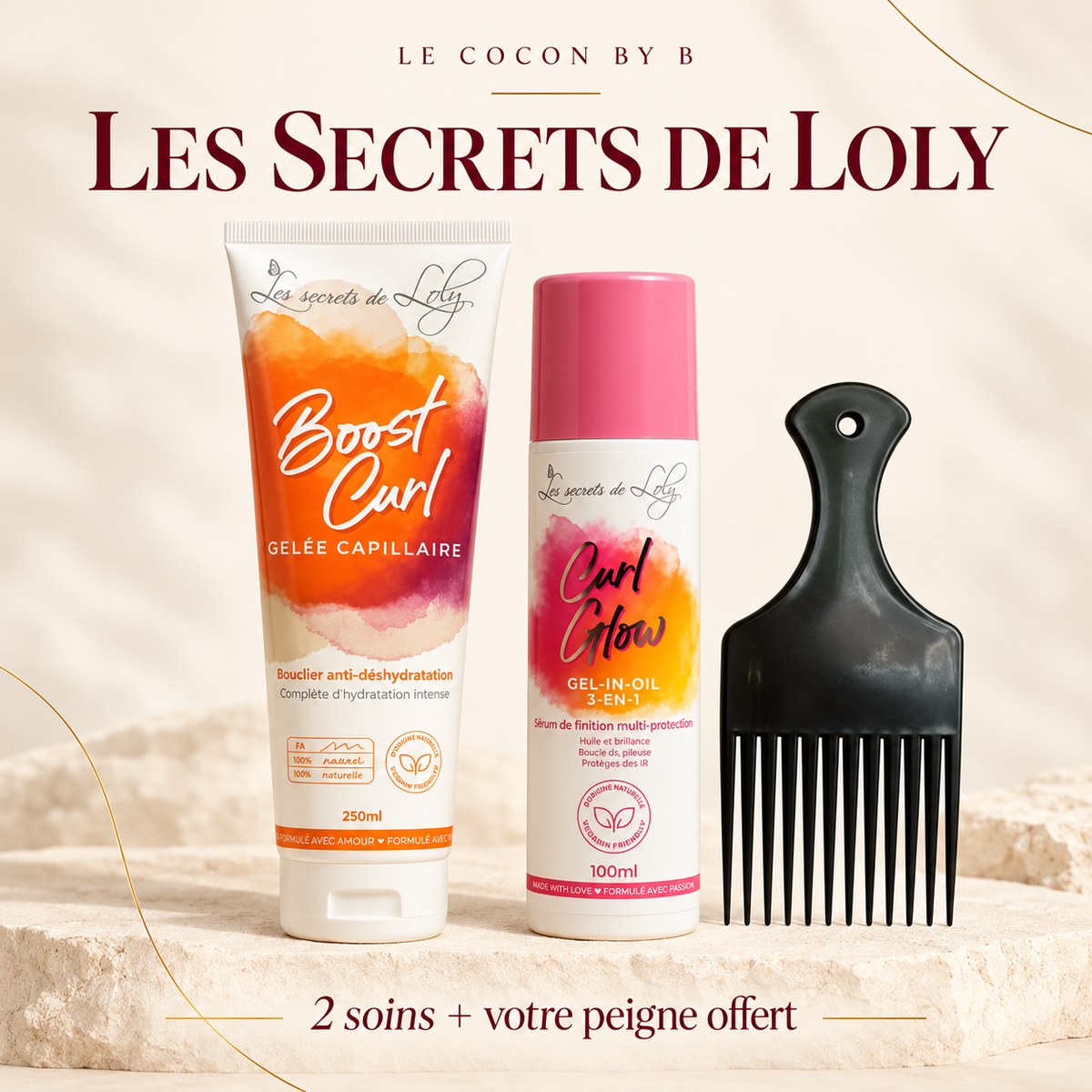 Kit Les Secrets de Loly : Boost Curl, Curl Glow et peigne afro offert