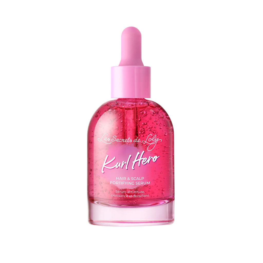 Flacon transparent de sérum rose Kurl Hero Les Secrets de Loly avec pipette rose