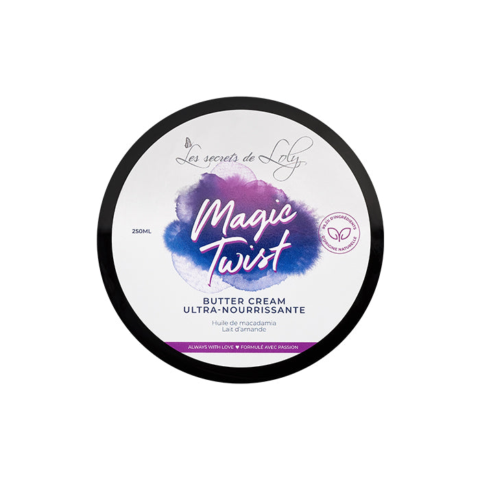 Pot de Magic Twist 250 ml Les Secrets de Loly vu du dessus, avec couvercle noir et étiquette violette