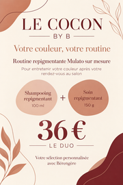 Affiche Le Cocon by B : routine repigmentante Mulato sur mesure, shampooing 100 ml et soin 150 g, le duo à 36 €