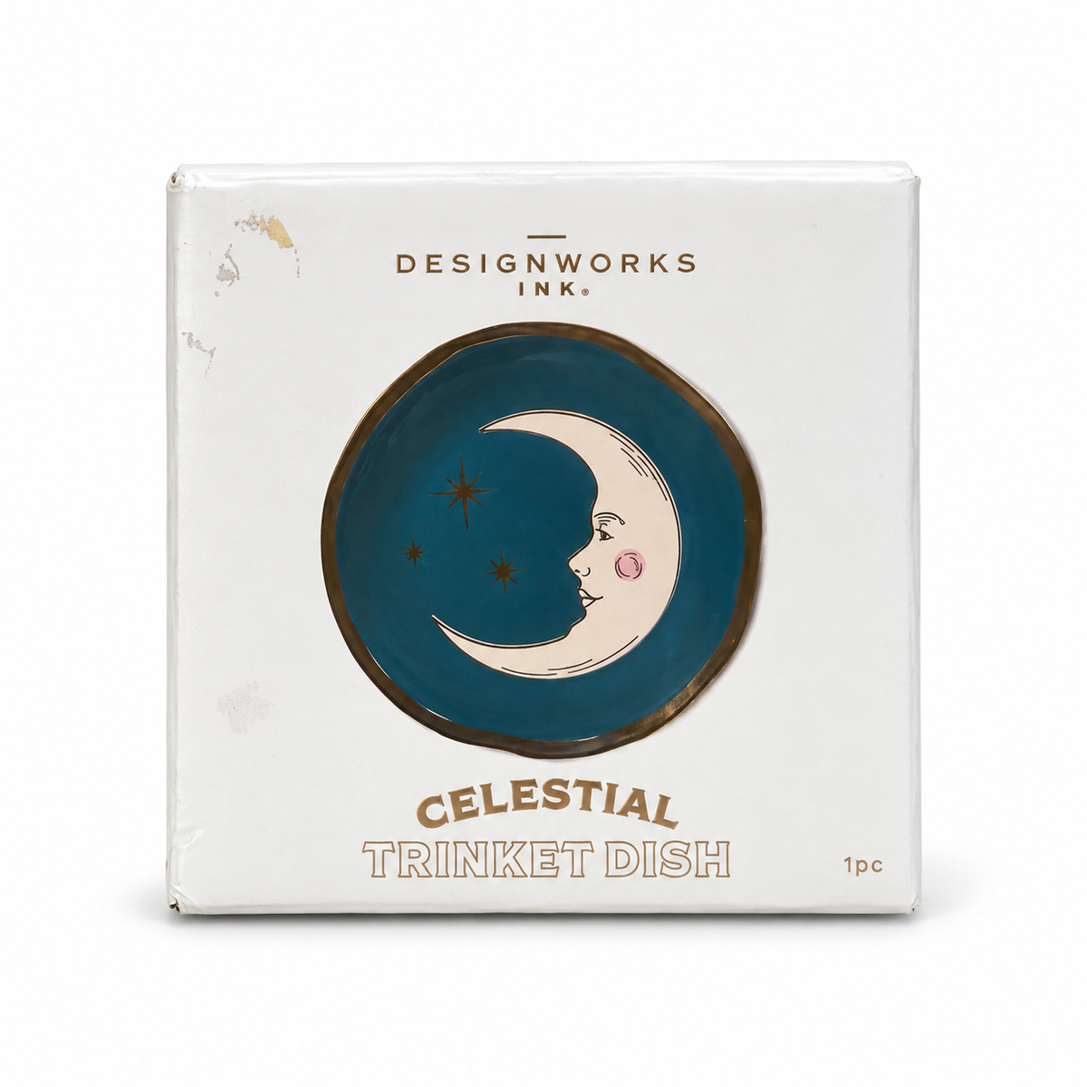 Vide-poche Celestial Teal Moon de Designworks Ink dans sa boîte, sur fond blanc