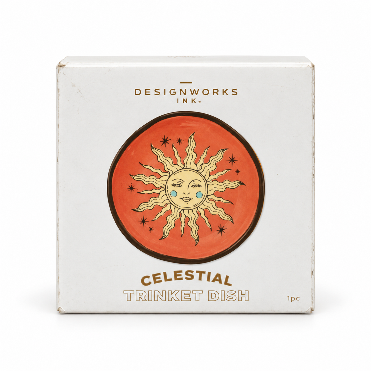 Vide-poche Soleil Terracotta Sun Celestial de Designworks Ink dans sa boîte, sur fond blanc